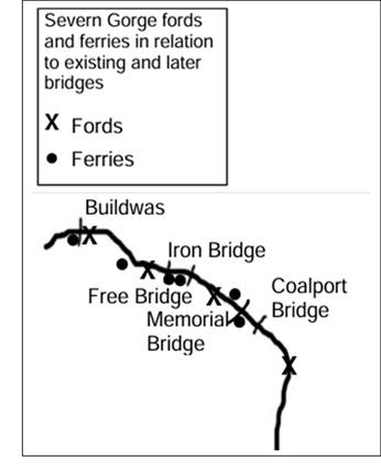 A rough map showing the fords and ferry points in Ironbridge